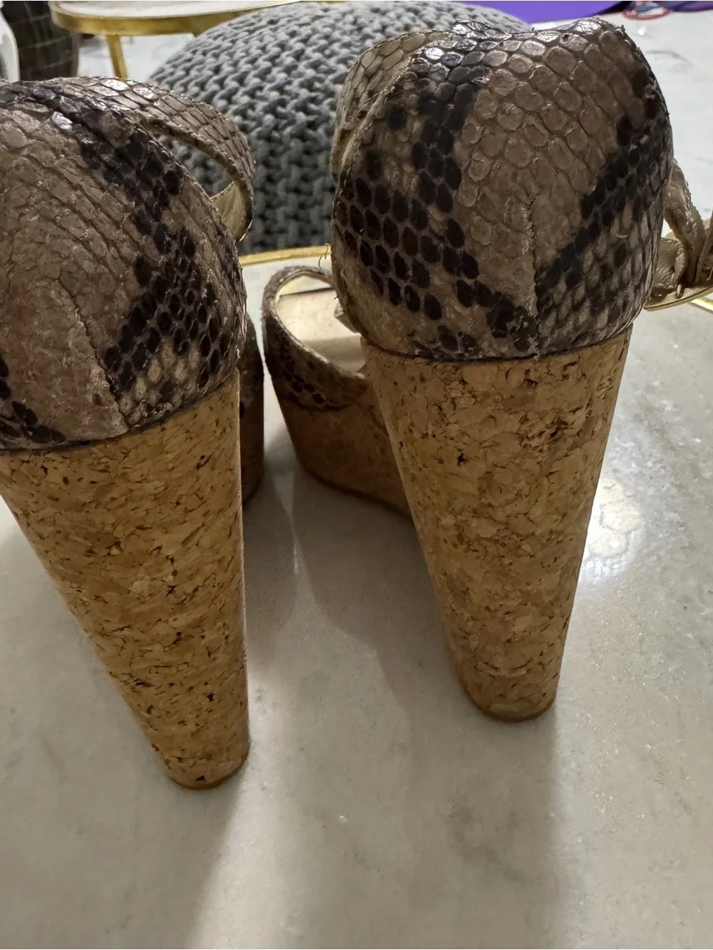 Jimmy Choo Taupe Snake-Print Cork Wedge Sandals